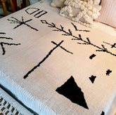 Black & White Abstract Pattern Cotton Throw with Fringe | 240×125cm
